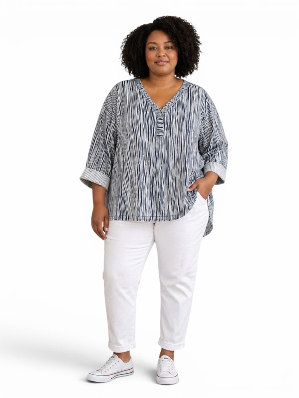 NWT Westbound Woman Blue White Striped Cotton Tunic Top 2X Plus Relaxed Fit